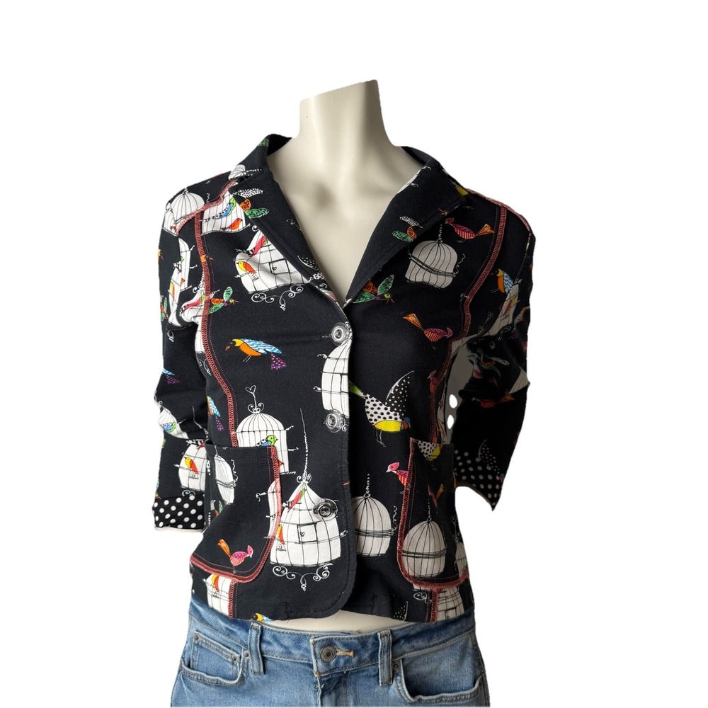 Zoe Bird Print‎ Blazer Black Whimsical Polka Dot Cuffs Artsy M